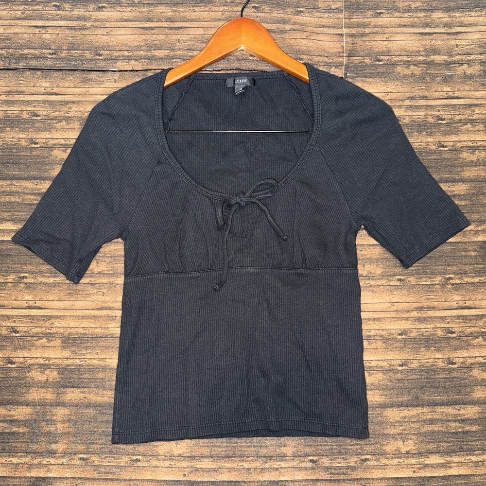J. Crew Ribbed T-shirt Womens Size M Black Tie-front Vintage